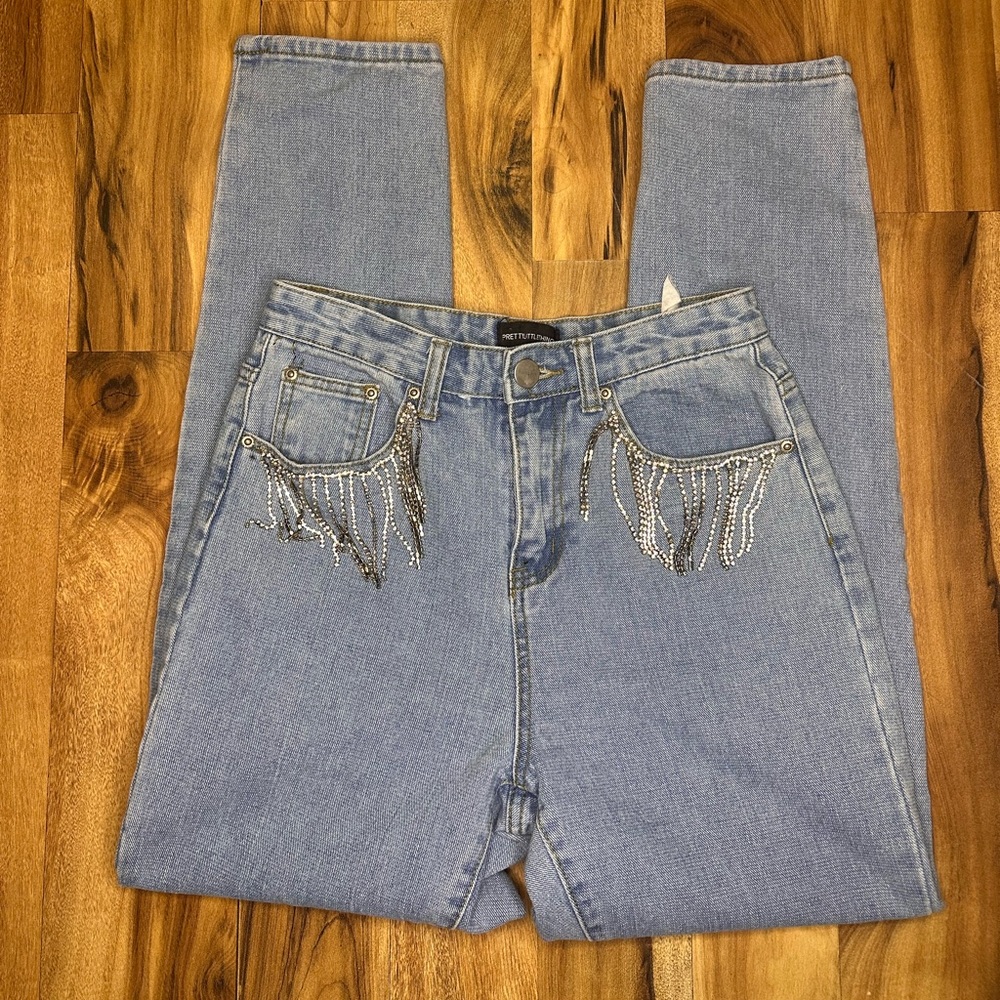 PrettyLittleThing Rhinestone Fringe Jeans Womens Size 6 Light Wash High Rise Y2K